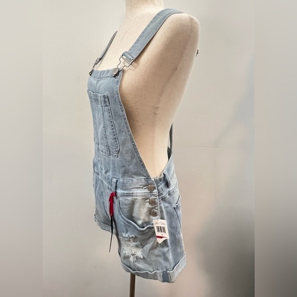 Dollhouse Juniors Sz 11 Denim Overalls Distressed Stretch Blue Short-alls NWT - Picture 2 of 16